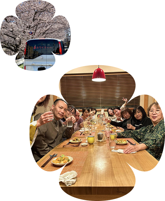 スタッフの食事会の様子／ホワイティーのバスと桜の風景